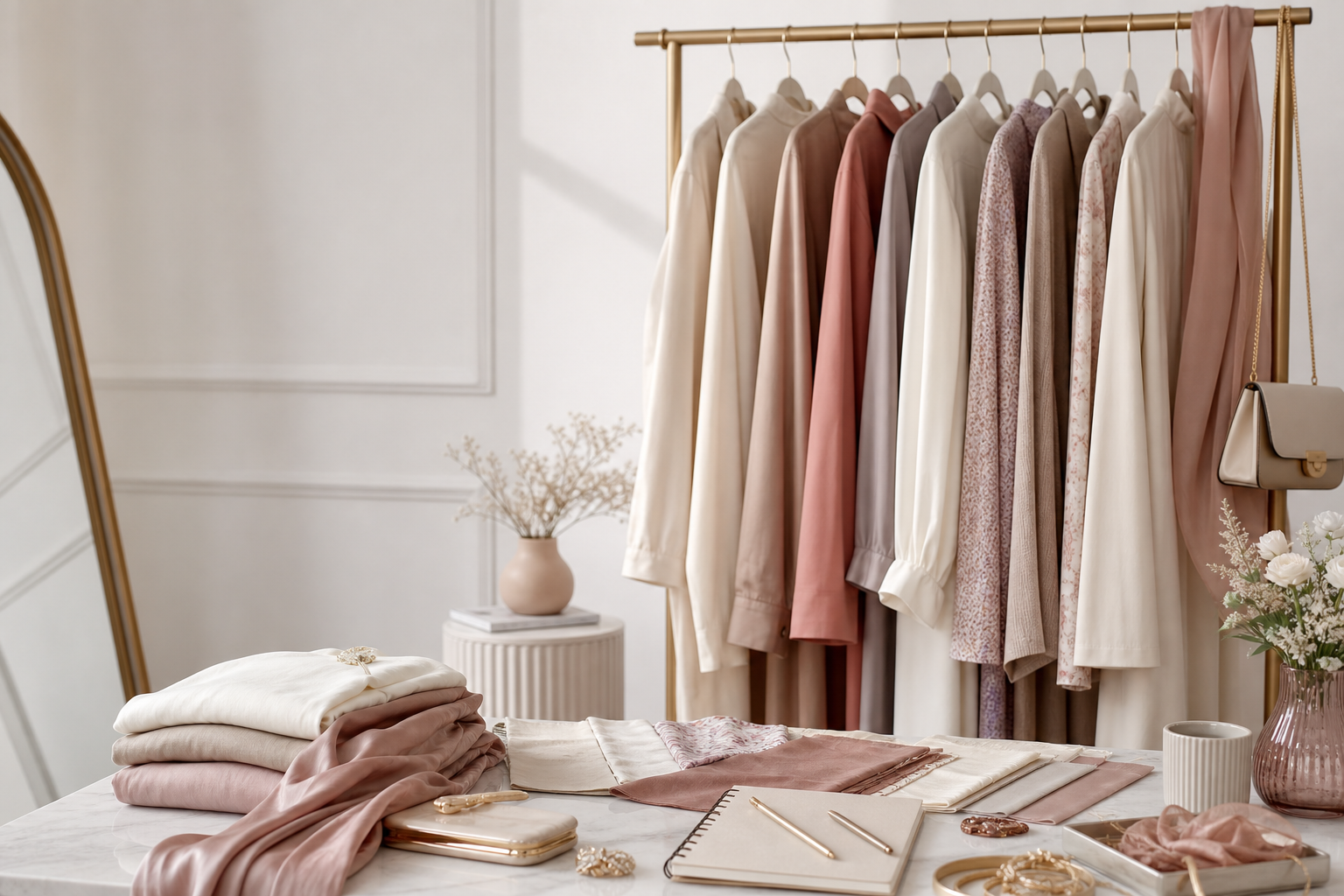 A curated modest wardrobe in a softly lit styling studio